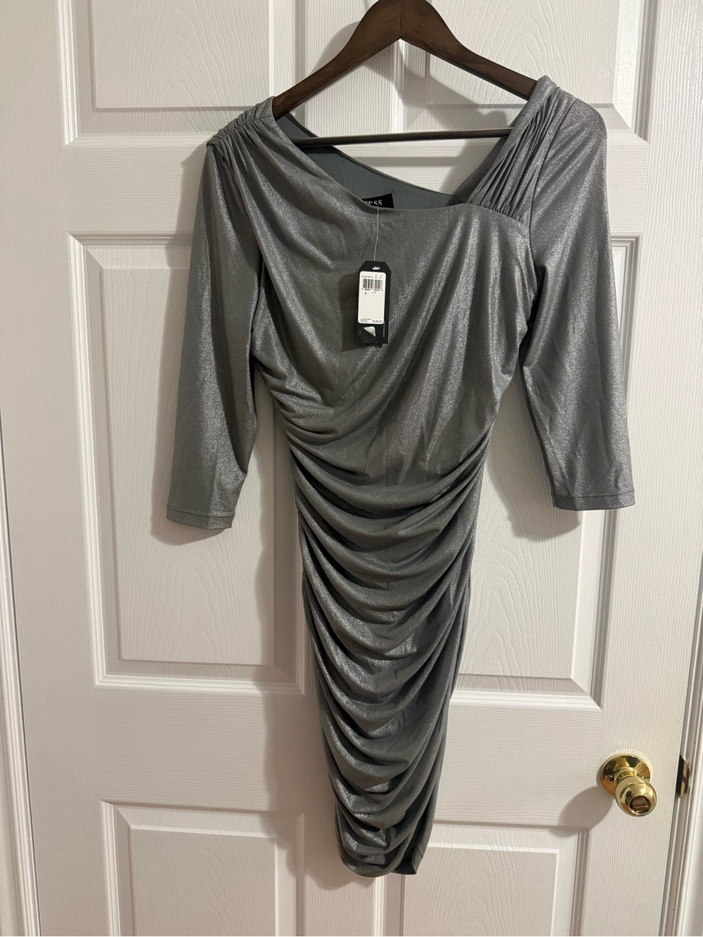 Guess Silver Metallic Ruched Long Sleeve Sheath Dress